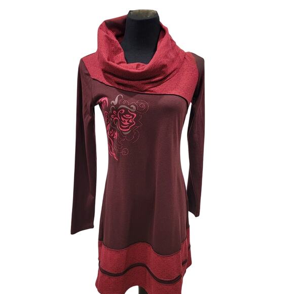 Turtleneck Medium Burgundy Tunic Colorblock Dress Artsy Boho Chic Romantic Goth - Picture 1 of 10